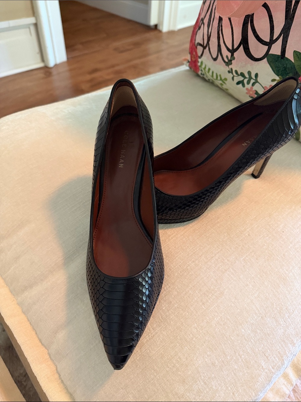 Cole Haan Black Textured Pointed-Toe Leather Pumps